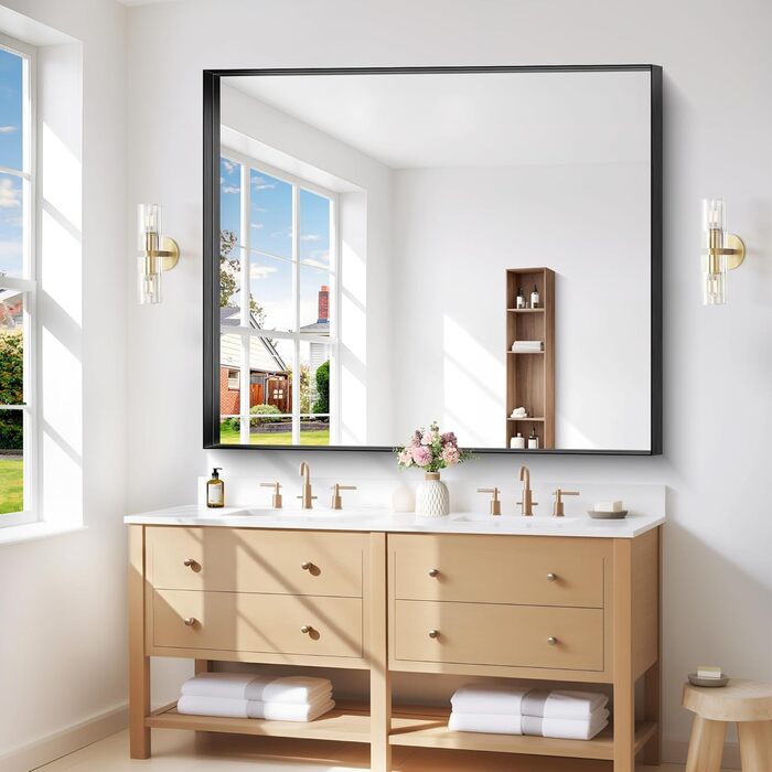 Дзеркало настінне прямокутне без рами 75x75 см, для ванної, спальні, вітальні. Чорний колір. Можливість вертикального та горизонтального кріплення