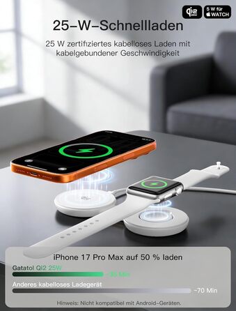 Бездротова зарядка 2-в-1 Qi2 25W для iPhone 17e/17/16/15/14/13/12/Air, Apple Watch, AirPods Pro/4/3/2 + Блок живлення 30W (Біла)