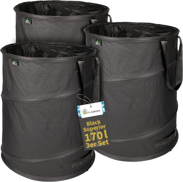 Комплект мішків для садового сміття TTL Garden BLACK SUPERIOR 3×170 л, самостійно встановлювані, подвійне дно, 260 г/м², міцний 600D Oxford, складаний, для листя та гілок