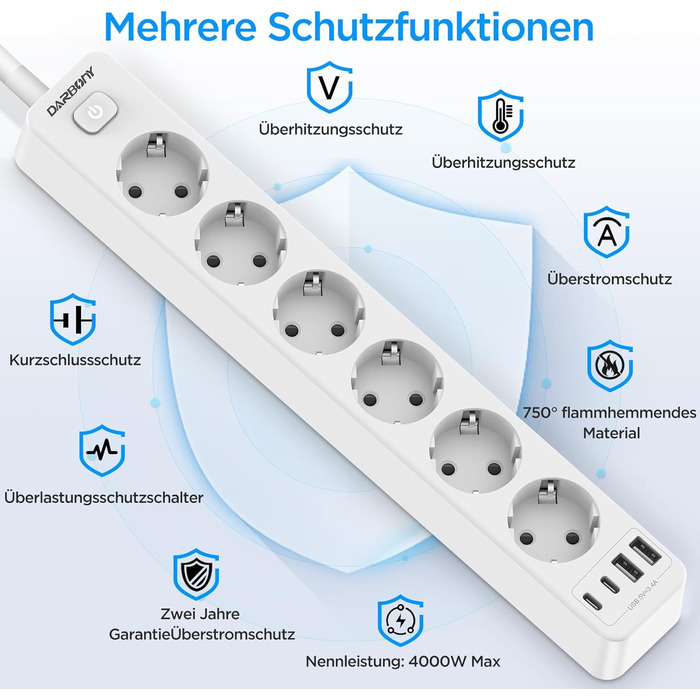 Мережевий фільтр з 4 USB та 6 розеток з вимикачем, для кухні, офісу, 3680W, 16A, 2 Type-C, білий кабель 1.8м