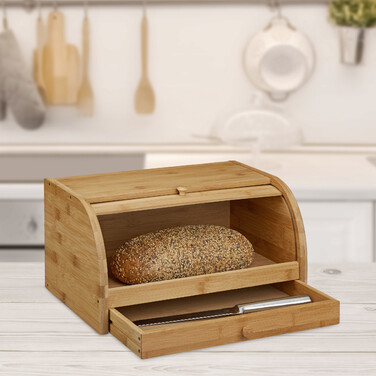 Relaxdays Roll Bread Box with Drawer, Bamboo