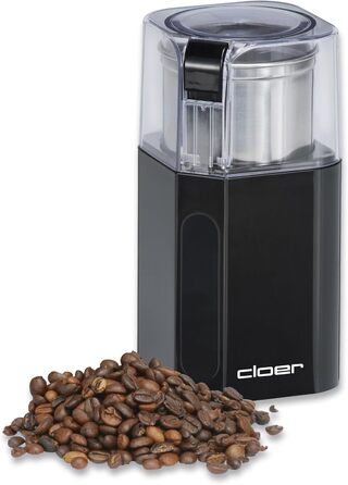 Cloer 7580 Electric Coffee and Spice Grinder, 200 W, for Pesto, Nuts and Grains, up to 70 g Coffee Beans, Removable Stainless Steel Container, Black