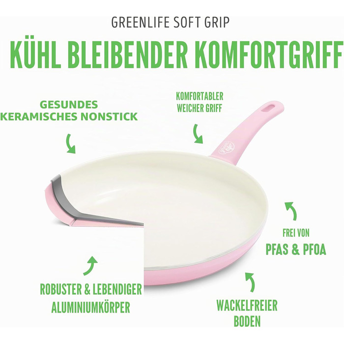 Набір кухонного посуду GreenLife Soft Grip з керамічним антипригарним покриттям, 18 предметів, без PFAS, рожевий (Soft Pink)