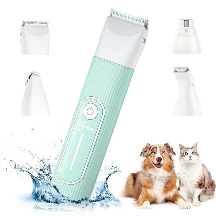 Професійна машинка для стрижки собак та котів Hoofun 4-в-1, IPX7, бездротова, з 4 насадками, для собак, котів, кроликів (біла/блакитна)