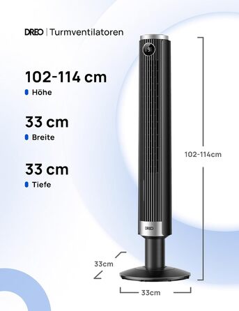 Вентилятор вежовий DREO Smart 102-114 см для спальні, з регулюванням висоти, 9 швидкостей, 4 режими, 90° осциляція, тихий (20 дБ), таймер 12 год, чорний