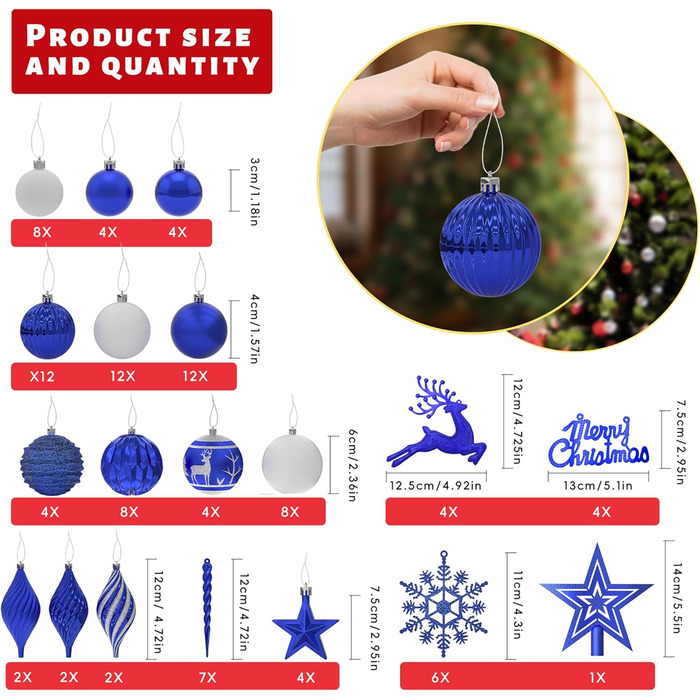 Набір прикрас для ялинки Aufun 108 шт. Преміум, пластикові кулі, верхівка, зірка, безпечні прикраси, ялинкові кулі, багаторазові, декор (шампань) (блакитний/срібний)
