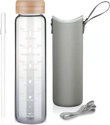 1 Liter Drinking Bottle Glass with Straw & Time Marker, 1L Motivational Glass Water Bottle with Protective Sleeve, Borosilicate Glass Bottle for Carbonated Drinks, Leak-Proof (Gradient Black)