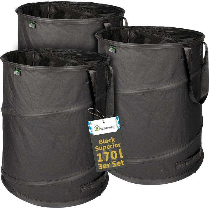 Комплект мішків для садового сміття TTL Garden BLACK SUPERIOR 3×170 л, самостійно встановлювані, подвійне дно, 260 г/м², міцний 600D Oxford, складаний, для листя та гілок