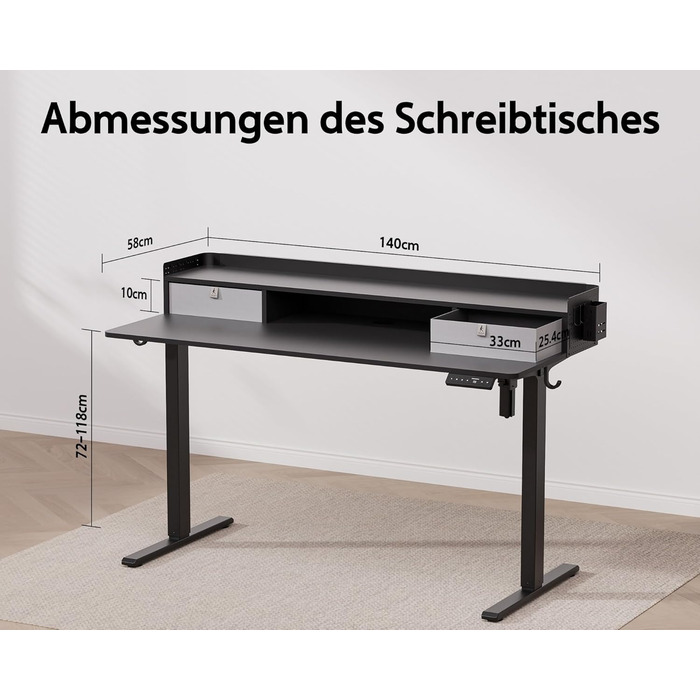 Electric Standing Desk with Drawers - 120x60cm Adjustable Height Desk for Home Office & DIY Pegboard