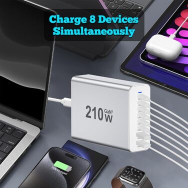 Зарядний пристрій USB-C 210W, багатопортовий (6x USB-C + 2x USB-A) PD 3.0 для iPhone, MacBook, Samsung Galaxy, планшетів - сріблястий