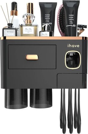 IHave Toothbrush Holder Wall Mounted, Bathroom Toothbrush Holder with Toothpaste Dispenser, 3 Cup Toothbrush Holder with Drawer, Large Capacity Toothbrush Organizer Bathroom (2 Cups, Black Gold)