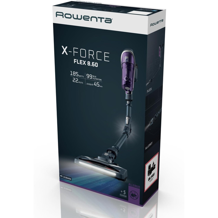 Пилосос Rowenta X-Force Flex 8.60 Allergy, бездротовий, з алергічним фільтром, гнучким корпусом, до 45 хв автономної роботи, насадки для щілин і меблів, модель RH9638WO