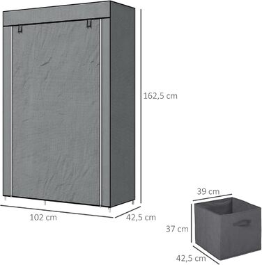 HOMCOM Wardrobe, Fabric Closet with Drawers, Clothes Rail and Zipper, Fabric Clothes Storage Rack Folding Closet for Bedroom, Dressing Room, 102 x 42.5 x 162.5 cm, Dark Grey