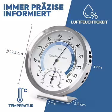 MAVORI® 2in1 Indoor Analog Hygrometer and Thermometer made of Stainless Steel - Analog Thermometer Hygrometer - Temperature and Humidity Meter for a Healthy Indoor Climate - Ø 12.5cm