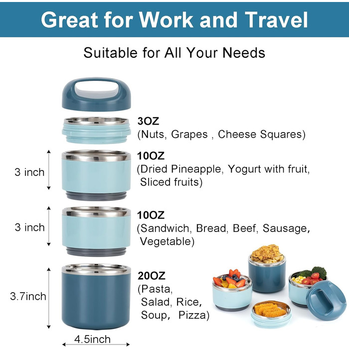 Ланчбокс Lille Home з нержавіючої сталі 1.43л, 3-рівневий, ізольований, без BPA, для їжі на виніс, підходить для жінок та чоловіків (блакитний)