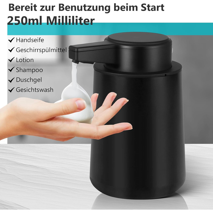 Phneems Soap Dispenser Automatic Foam Soap Dispenser Electric Soap Dispenser With Sensor 250ML Soap Dispenser Automatic USB Rechargeable IPX5 Waterproof FOR Bathroom Kitchen Black