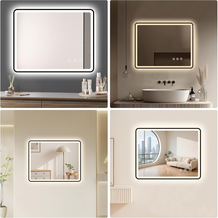Дзеркало для ванної кімнати з підсвічуванням 80x60 см, 3 кольори, регульована яскравість, антизапар, 3x збільшення, розетка для гоління, IP44, для горизонтального/вертикального монтажу
