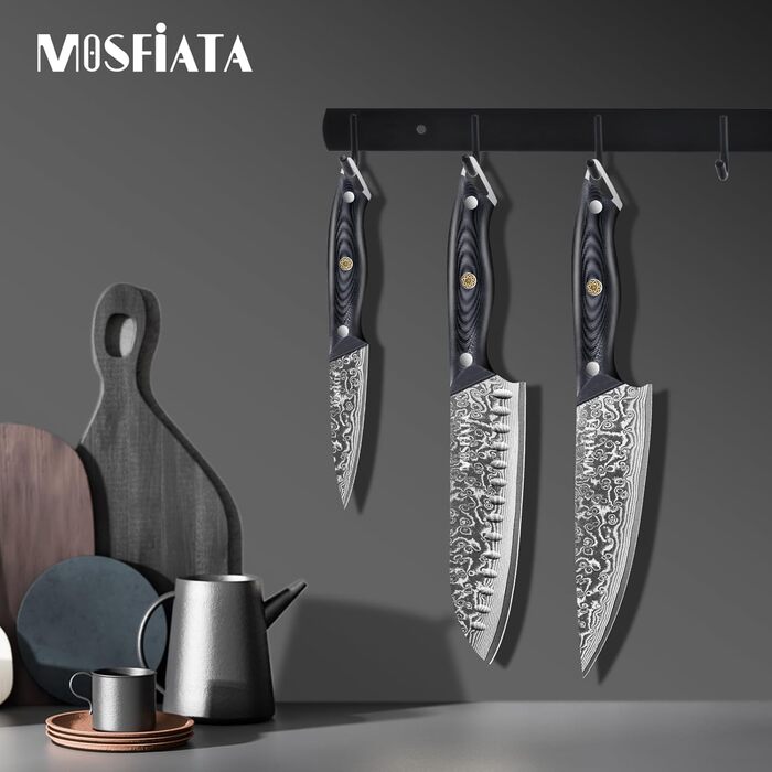 Ніж кухарський MOSFiATA Дамаск 8 дюймів - Японський кухонний ніж з дамаської сталі з набором (3 шт.)