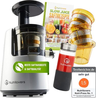 Соковитискач Nutrilovers NUTRI-PRESS MAX для цілих фруктів, холодного віджиму, шнековий, BPA-free, з широкою горловиною 135 мм, у комплекті пляшка та книга рецептів