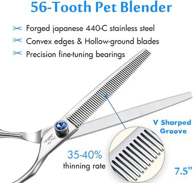 Професійна вигнута ножиці для грумінгу собак JASON 7' - ножиці для витончення шерсті, з японської сталі 440C (21 зуб), для професійного догляду за собаками