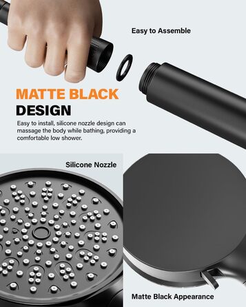 Фільтр для душу Cobbe з шлангом, душова лійка високого тиску з 6 режимами, економна душова лійка з шлангом, ручна лійка з фільтром від накипу для жорсткої води, хлору, чорна