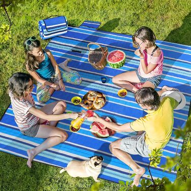 Водонепроникний плед для пікніка Boho 200x200см, XXL. Плед для пікніка, пляжу, кемпінгу, з бавовни, пісконепроникний, пральний, туристичний. Синій у смужку