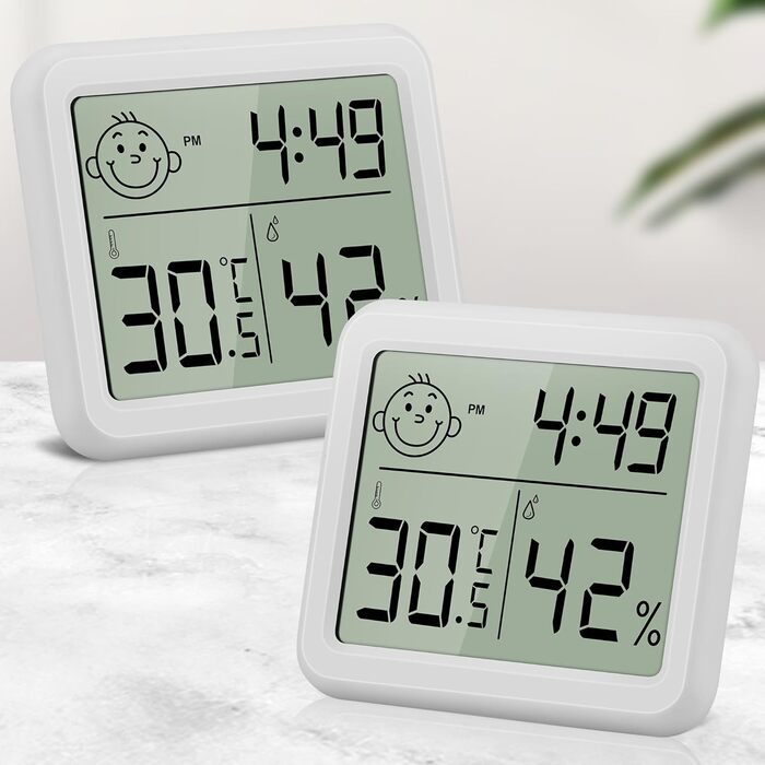 DazSpirit Digital Thermometer Hygrometer, Indoor Room Thermometer Thermo-Hygrometer, Humidity Meter with Smiley Indicator Suitable for Bedrooms, Baby Rooms, Greenhouses, Offices (2 Pieces White)