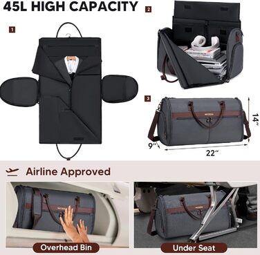 Garment Bags for Travel, Suit Garment Duffel Bags, Carry-on Garment Bag with Shoe Compartment for Men and Women, 2 in 1 Garment Duffel Bag Suitcase with Shoe Bag (Dark Grey)
