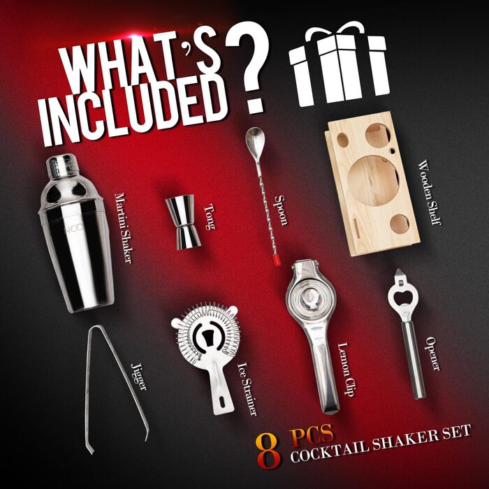 Набір бармена Mixology Barkeeper: шейкер для коктейлів, 8 предметів, з дерев'яною підставкою, аксесуари для приготування коктейлів (срібний)