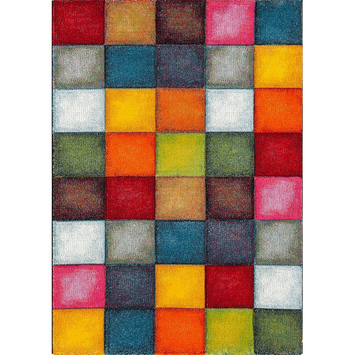 Monde Deluxe Living Room Carpet, Hand Carved, Short Pile, Colorful, Multicolored, Blue, Red, Brown, Green, Grey, Checkered, 80 x 150 cm, Multicolored