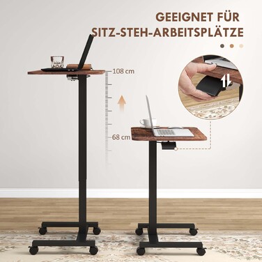 Vinsetto Adjustable Height Laptop Table with 4 Wheels, 2 Brakes, 65 cm x 48 cm x 108 cm, with Hand Crank, Brake, Particleboard, Rustic Brown | Aosom