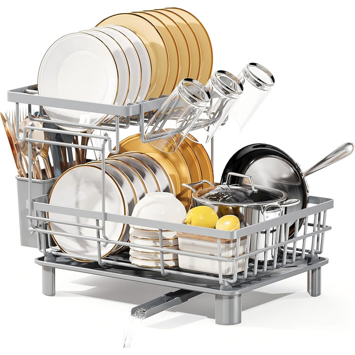 LIONONLY Dish Drying Rack, Small 2-Tier Dish Rack with Drip Tray, Stainless Steel Dish Drying Rack with Utensil Holder, Drink Holder and Swivel Spout, Dish Drying Stand Kitchen