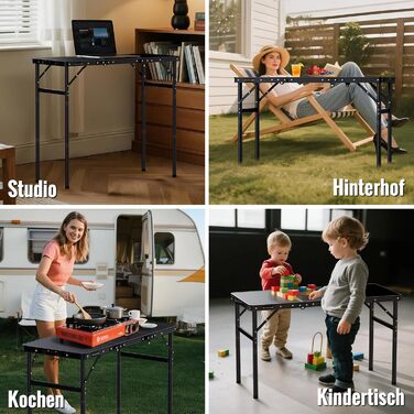 Складний кемпінговий стіл GARLLEN 60x40 см, регульована висота (27/51/75 см), чорний - для пікніка, саду, балкону, пляжу