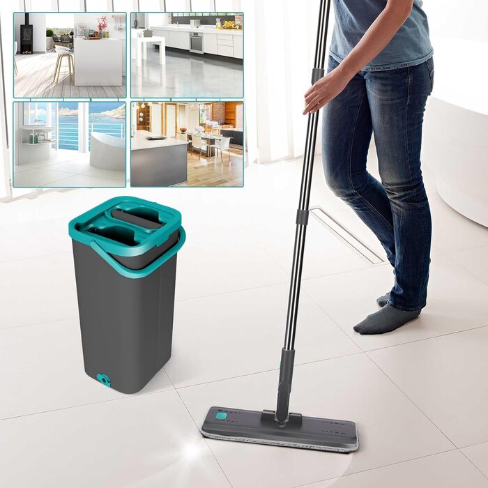 Masthome Mop Set with Bucket, 2-in-1 Mop Bucket, Flat Mop with 6 Microfiber Mop Pads, Hands-Free Mop Set and Bucket for Hardwood, Tile, Laminate, Marble, Floor Cleaning