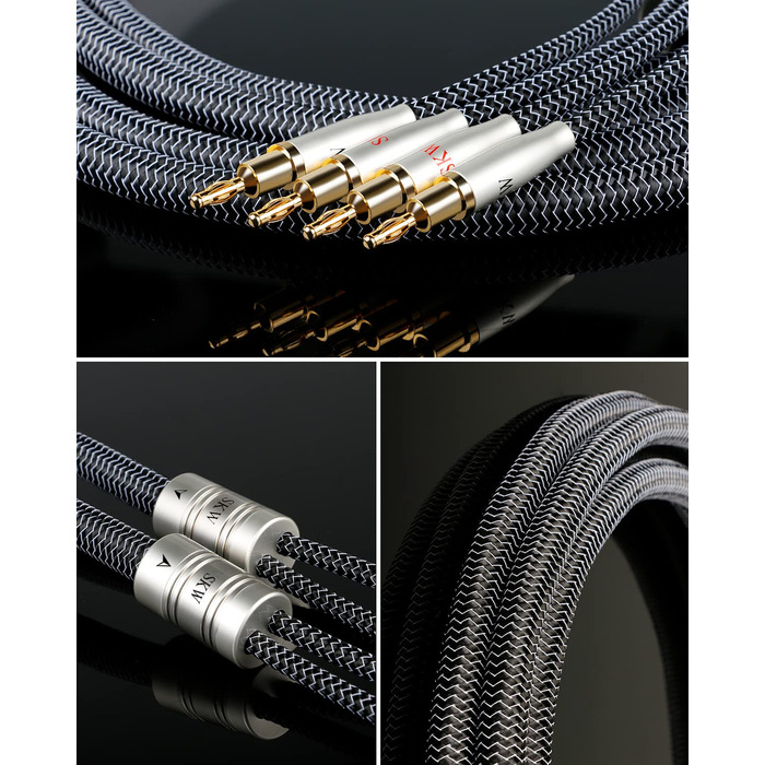 Кабель акустичний SKW з банановими роз'ємами, мідно-срібний HiFi кабель для домашнього кінотеатру, підсилювача та колонок, 1м (пара)