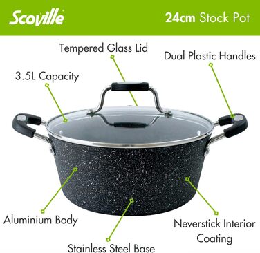 Супова каструля Scoville NEVERSTICK 24 см з кришкою, антипригарна, 3,5 л, для всіх плит (індукція), зручні ручки, можна мити в посудомийній машині