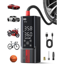 Електричний насос Lamicall 150 PSI для авто, велосипедів, мотоциклів, з акумулятором, цифровим манометром, павербанком і ліхтариком, портативний компресор чорний