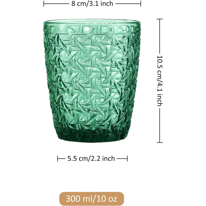 Joeyan 300ml Green Glass Set, 6-Piece, Vintage Colored Drinking Glasses with Embossed Design, Colorful Water Glasses Dishwasher Safe