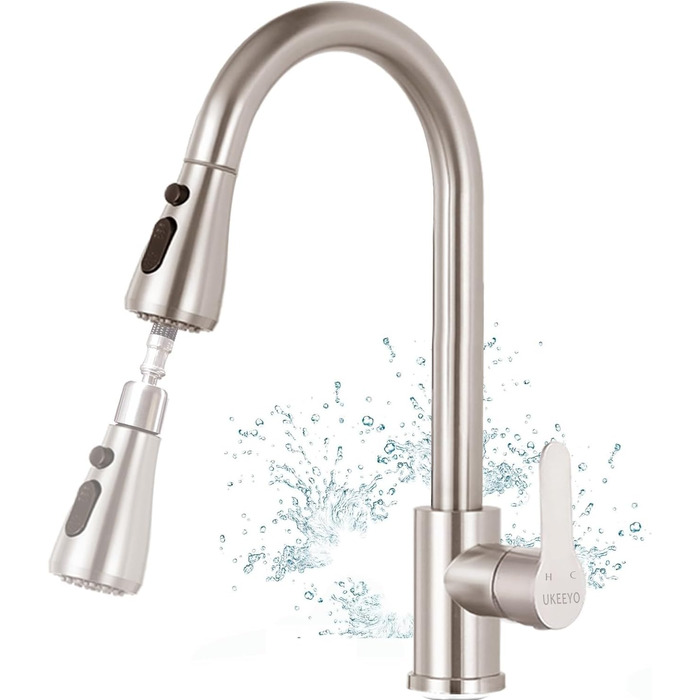 Кухонний змішувач з висувною лійкою, високопродуктивний, з трьома режимами, з нержавіючої сталі, з покриттям 