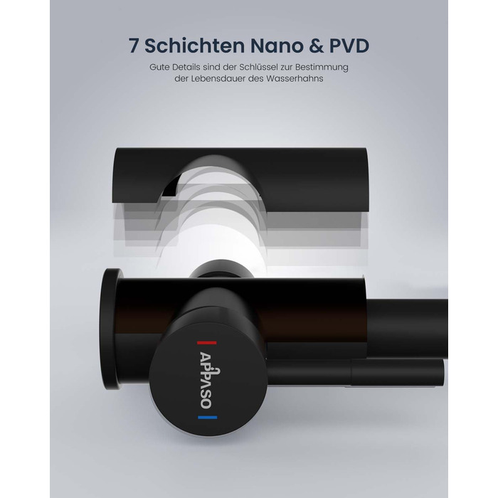 Кран кухонний APPASO 3-в-1 чорного кольору, з трьома виходами, для фільтрації води, поворотний на 360°, з двома важелями, з нержавіючої сталі