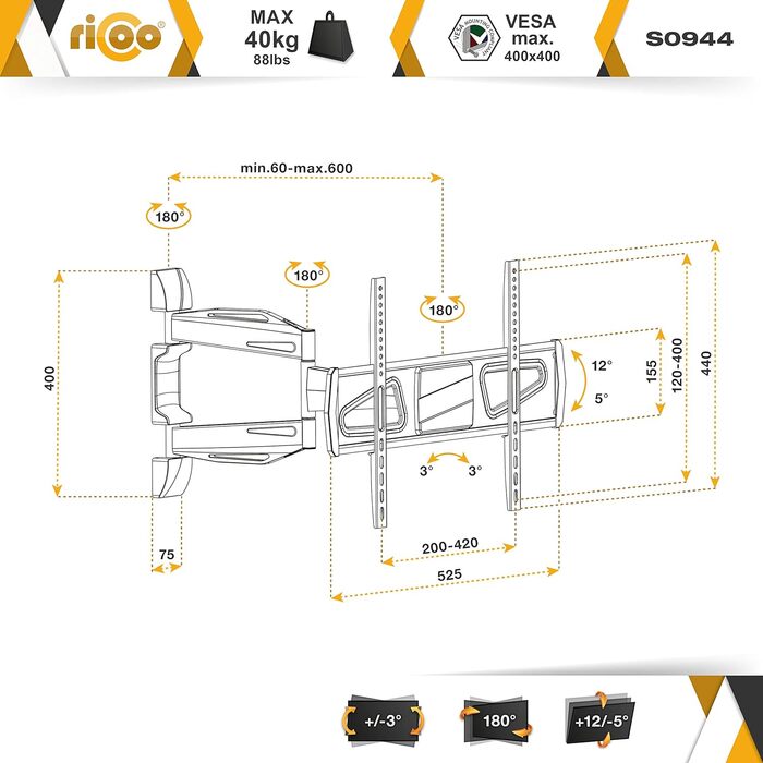 Настінне кріплення для телевізора RICOO S6144 поворотне 40-65 дюймів до 50 кг VESA 200x200 - 400x400