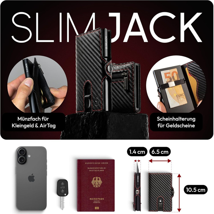 Стильний смарт-гаманець Slimjack з відділенням для монет та RFID-захистом - чоловічий алюмінієвий картхолдер для карт та монет (Carbon Redline)