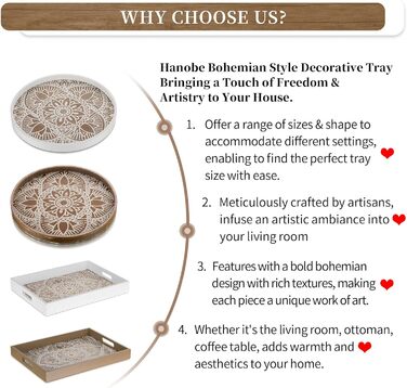 Hanobe Rectangular Wooden Tray Decor Serving Tray: Boho Decor Tray Flowers Wood Tray with Handle White Small Candle Trays Farmhouse Candle Tray for Coffee Table Tealight Kitchen Table