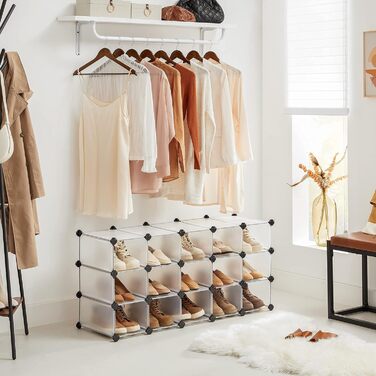 SONGMICS Shoe Rack with 16 Cubes, Interlocking Plastic Shoe Organizer, DIY Storage Cabinet for Closet, Entrance, Bedroom, Garage, Space-Saving Design, 30.5 x 89.9 x 69.8 cm