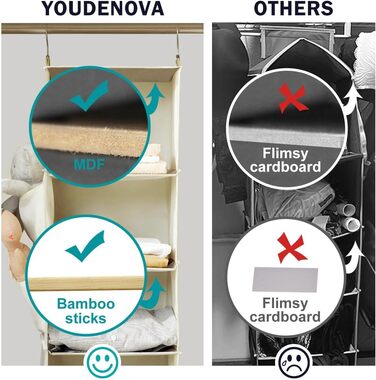 YOUDENOVA Органайзер для шафи з 6 відділеннями, полиця-вішалка, міцна конструкція з MDF та бамбуком, система зберігання, бежевий
