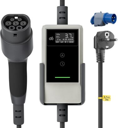 Кабель зарядки для електромобіля тип 2 Schuko 3,7kW (6-16A, 1-фазний) з LCD дисплеєм, 7м, для ID.3/4/5/7, Model Y/3, ENYAQ та інших PHEV/EV