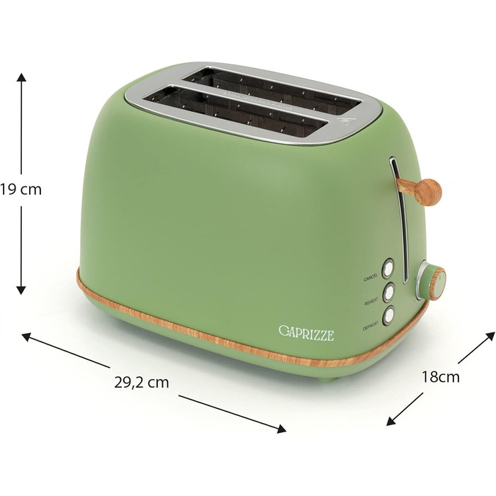 Тостер Kaito з широким подвійним слотом, 3,8 см та 13,5 см, 6 рівнів підсмажування, вінтажний дизайн, ефект дерева, матово-зелений колір