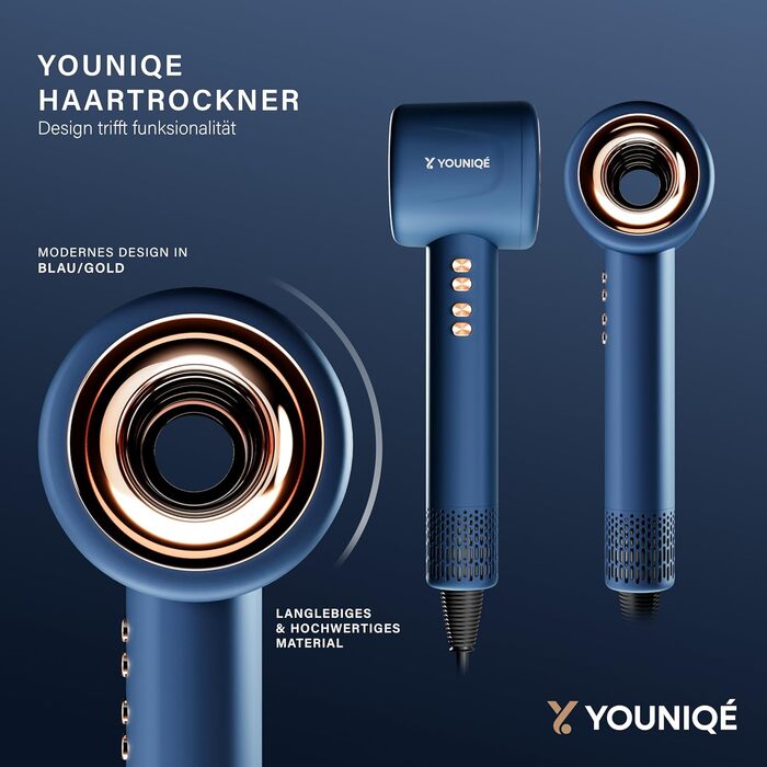 Фен YOUNIQÉ 5-в-1 з іонізацією, насадки для локонів, випрямлення, дифузор та концентратор, 1600W, LED, 4 температурні режими, магнітні насадки, ергономічний дизайн, блакитний/золотий