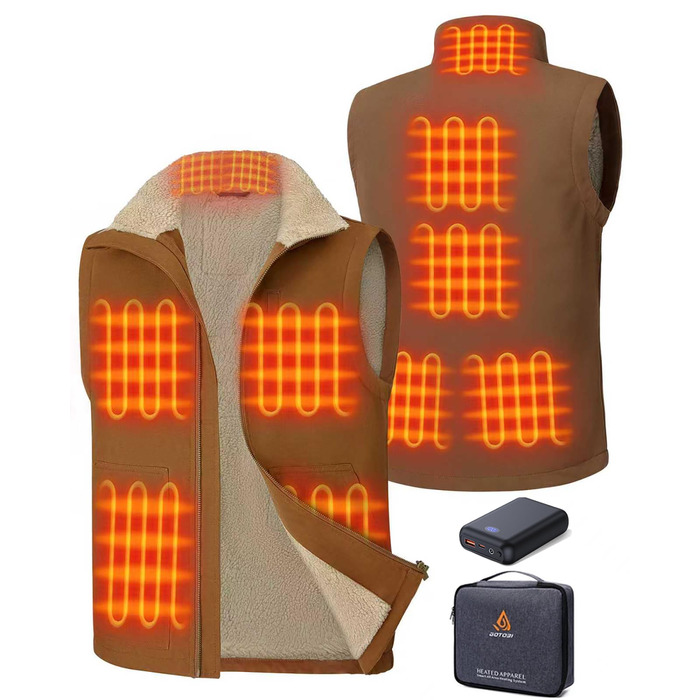 Електрична гріюча жилетка для чоловіків з Powerbank 16000mAh, 7,4V, 9 зон обігріву, канвас, фліс, регулювання температури, khaki XXL