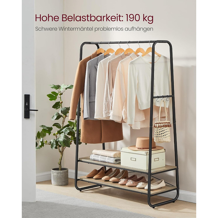 VASAGLE Clothes Rack, Coat Rack, Wardrobe, 2 Shelves, 6 S-Shaped Hooks, Steel Frame, for Bedroom, Hallway, Entrance Area, Cloud White-Matt White RGR112W02 (Turquoise Brown-Matt Black)